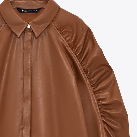 NWT ZARA Warm Cognac Brown Faux Leather Gathered Sleeve Overshirt M - Picture 6 of 6